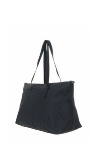 Sac fourre-tout bleu foncé avec doubles anses en tissu, fermeture éclair et texture lisse. Présente un design minimaliste sans quincaillerie visible.