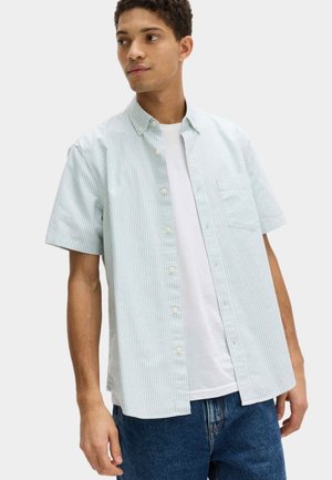 Junger Mann, der ein kurzärmliges, hellblau-weiß gestreiftes Hemd über einem weißen T-Shirt und blauen Jeans trägt und zur Seite blickt.