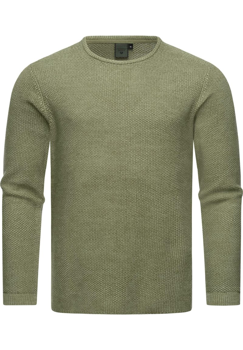 Maglione verde a maglia con scollatura tonda, maniche lunghe e tessuto testurizzato. Presenta polsini e orlo a coste con vestibilità regolare.