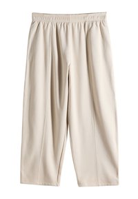 Pantaloni beige a gamba larga con elastico in vita, caratterizzati da due cuciture verticali sul davanti e un tessuto morbido e texturizzato.
