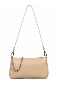 Sac à bandoulière en cuir beige avec une forme rectangulaire mince, doté d'un accent chaîne détachable et d'une texture lisse.
