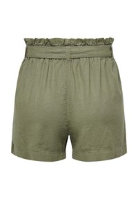 Pantaloni corti verde oliva realizzati in tessuto leggero, con vita arricciata, fronte piatto e orlo arrotolato. Design semplice senza ulteriori dettagli.