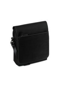 Borsa a tracolla nera con tessuto testurizzato e dettagli in pelle liscia, con chiusura a patta, tracolla regolabile e tasca anteriore.