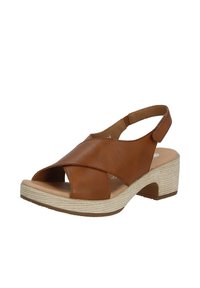 Brown leather slingback sandal with open toe, cross-strap design, and textured beige platform heel. Flat sole for comfort.