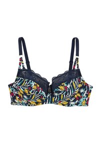 Soutien-gorge à motifs floraux en tissu bleu foncé, avec des accents en dentelle sur les bonnets, des bretelles ajustables et une fermeture à agrafes à l'arrière.