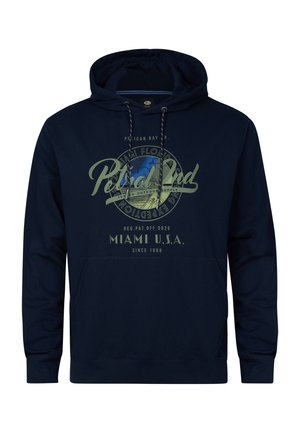 Dunkelblauer Pullover-Hoodie aus Baumwollmischung. Mit einer Fronttasche und einem grafischen Druck mit dem Text "Pelican Bay" und "Miami, U.S.A.".