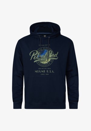 Marineblå pullover hoodie lavet af bomuldsblanding. Har en frontlomme og et grafisk print med teksten "Pelican Bay" og "Miami, U.S.A."