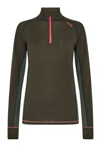 Olivengrøn undertrøje med halv lynlås krave, lyserød lynlåsdetalje, teksturerede grønne sidepaneler og kontrastsyet.