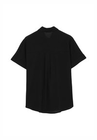 Camicia nera a maniche corte con colletto classico, caratterizzata da un dettaglio plissettato sul retro e un orlo curvo. Tessuto morbido.