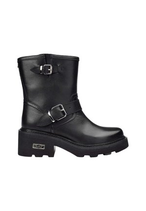 Stivale alla caviglia in pelle nera con due fibbie argentate regolabili, tacco spesso e suola testurizzata. Finitura liscia con un design moderno.