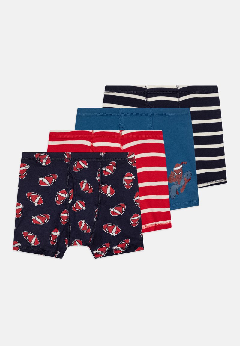 Cuatro pares de calzoncillos tipo boxer para niños: azules, rojos y marinos con estampados de Spider-Man, rayas y diseños festivos. Material de algodón suave.