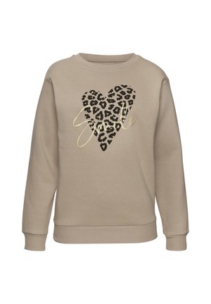 Beige sweatshirt featuring a leopard print heart design. The front includes the word "Smile" in gold script. Ribbed collar and cuffs.
