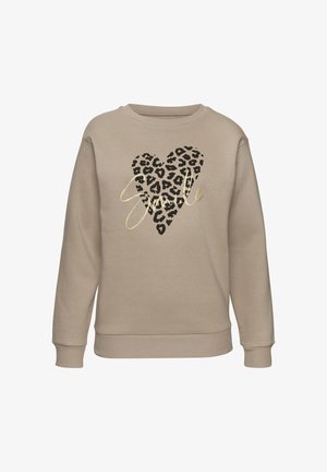 Beige sporta krekls ar leoparda rakstu sirds dizainu. Priekšpusē ir vārds "Smile" zeltīta skriptu. Ribota apkakle un piedurknes.