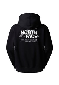 Zwarte hoodie met capuchon, voorzien van een witte grafisch ontwerp op de achterkant, inclusief de tekst "THE NORTH FACE" en bergafbeeldingen. Zacht materiaal.