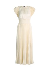 Crèmekleurige lange jurk met geplooide rok, brede gerimpelde tailleband, ronde halslijn en korte laagjesmouwtjes met ruches.