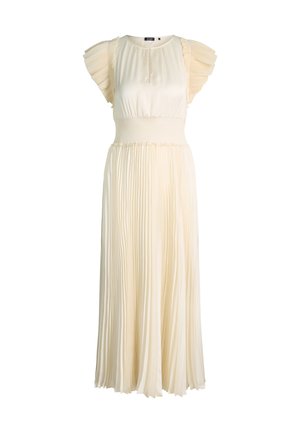 Abito lungo color crema con gonna plissettata, ampia fascia arricciata in vita, scollo rotondo e maniche corte a volant sovrapposti.