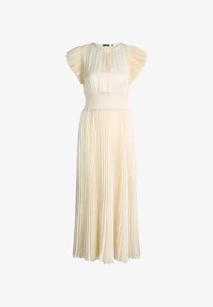 Kremowa, długa sukienka z plisowanym dołem, szerokim marszczonym pasem, okrągłym dekoltem oraz krótkimi, warstwowymi falbankami na rękawach.