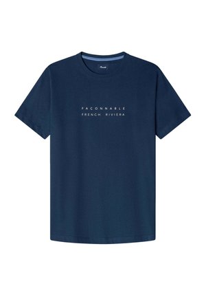 Navy blue cotton t-shirt with short sleeves and round neckline, featuring white text "FAÇONNABLE FRENCH RIVIERA" centered on the chest.