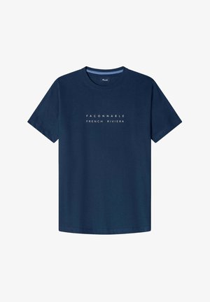 Navy blue cotton t-shirt with short sleeves and round neckline, featuring white text "FAÇONNABLE FRENCH RIVIERA" centered on the chest.
