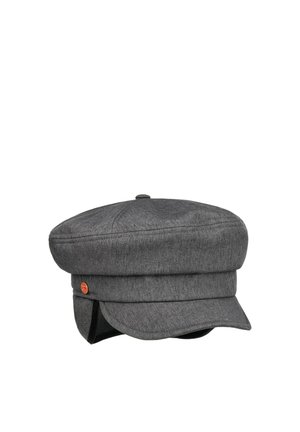 Gray wool blend flat cap with small orange button detail and soft side flaps, structured brim, and round top button.