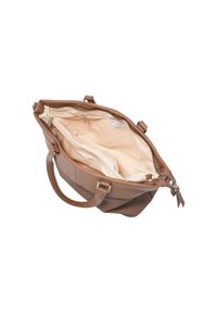Borsa a tracolla in pelle marrone con superficie texturizzata, dotata di un ampio interno color crema, numerose tasche e chiusura con zip superiore.