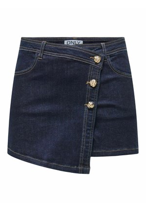 Mini gonna in denim blu scuro con parte anteriore asimmetrica e tre bottoni decorativi dorati a forma di testa di leone sul lato destro.