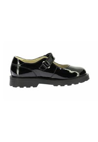 Scarpa Mary Jane in vernice nera con punta tondeggiante, fascetta con fibbia e suola robusta. Presenta una superficie liscia e un design compatto.
