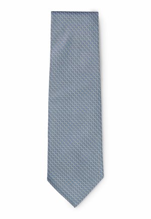 Cravatta blu con un motivo testurizzato di piccole linee orizzontali bianche e blu scuro che formano un design a righe.