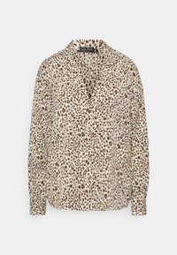 Blusa de mangas longas em padrão de leopardo, apresentando uma base bege com manchas castanhas, colarinho em bico e fecho de botão. Tecido suave, ajuste descontraído.