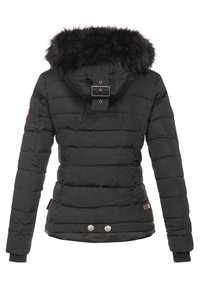 Chaqueta puffer negra con capucha de pelo sintético, diseño acolchado, puños en las mangas y detalles con botones en el dobladillo.