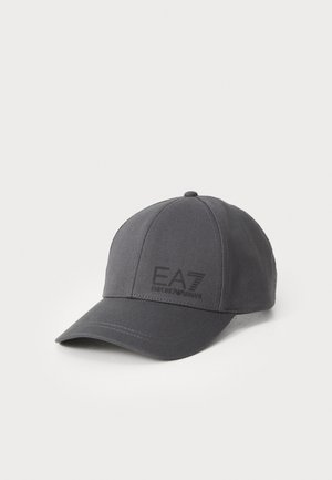 Gray baseball cap made of fabric with a structured design, featuring a curved brim and a subtle EA7 logo in black on the front.