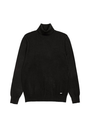 Maglione a dolcevita nero realizzato in un tessuto morbido, con maniche lunghe, polsini e orlo a costine, e un piccolo dettaglio del logo nella parte inferiore.