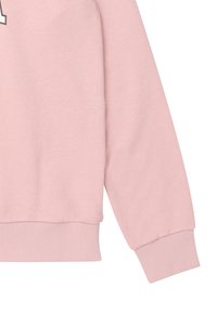 Sweat-shirt rose clair à manches longues avec poignets et ourlet côtelés, montrant une partie de la manche gauche et la zone inférieure du torse.