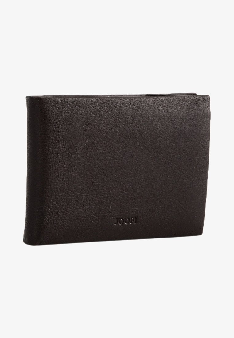 Portefeuille bi-fold en cuir noir avec une texture de grain subtile et le nom de la marque "JOOP!" embossé dans le coin inférieur droit.