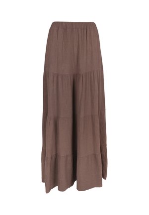 Jupe longue marron à volants avec taille élastique, en tissu léger texturé, présentée sur fond blanc uni.