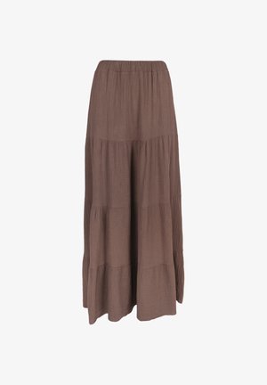 Jupe longue marron à volants avec taille élastique, en tissu léger texturé, présentée sur fond blanc uni.