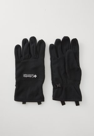 Black fleece gloves with a textured back and smooth grip areas. Features a logo patch and adjustable wrist straps for a secure fit.
