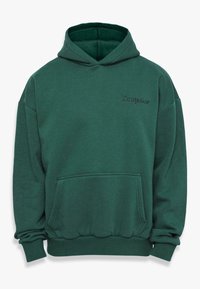Groene hoodie gemaakt van een zachte katoenmix, met een buidelzak en ribgebreide manchetten, met "Dropsize" geborduurd op de borst.