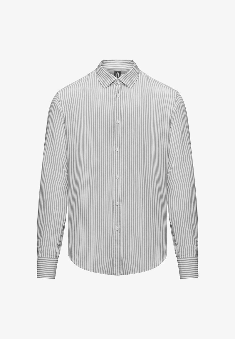 Hemd mit knöpfbarem Kragen in Hellgrau mit feinen vertikalen Streifen. Verfügt über einen klassischen Kragen und lange Ärmel mit Manschettenakzenten.