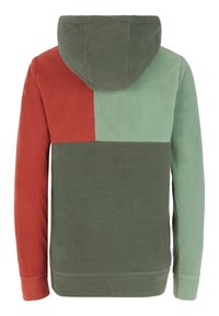 Fleece hoodie med et farveblokdesign i rød, grøn og mørkegrøn. Den har hætte og lange ærmer. Struktureret stof.