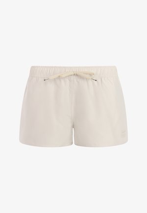 Beige zwembroek met elastische tailleband en beige trekkoord, voorzien van een klein logo op het linker onderbeen.