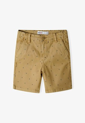 Pantalones cortos de color tostado fabricados en algodón con una textura suave, que presentan pequeños patrones de árboles verdes y dos bolsillos frontales. Cierre de botón en la cintura.