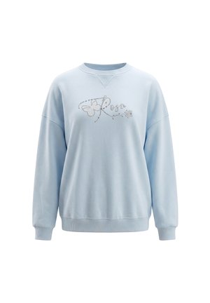 Lyseblå langærmet sweatshirt med ribstrikkede manchetter og kant, med en rhinsten-design, der staver "Rose" med en sommerfugl og en blomst.