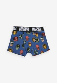 Chłopięce niebieskie slipy z kolorowym wzorem bohaterów Marvela, z czarną gumką z napisem "MARVEL" oraz miękkim bawełnianym materiałem.