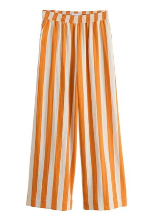 Wide-leg pants with vertical orange and white stripes and an elastic waistband.