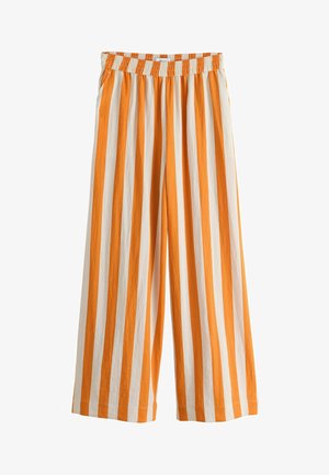 Wide-leg pants with vertical orange and white stripes and an elastic waistband.