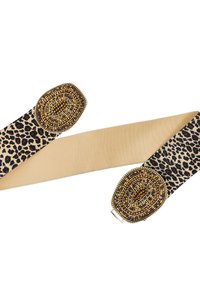 Cintura in tessuto con stampa leopardata e sezione in elastico beige. Fibbia ovale decorativa con dettagli in perline dorate e marroni. Superficie testurizzata e a fantasia.