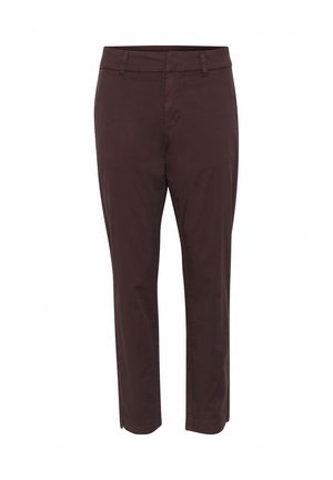 Pantalons droit bordeaux foncé en coton, avec un devant plat, des passants de ceinture et des poches latérales. Texture lisse, sans motifs visibles.