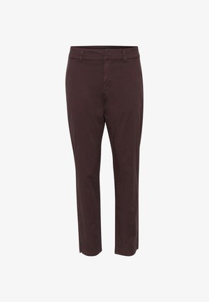 Dark burgundy straight-leg trousers made from cotton, featuring a flat front, belt loops, and side pockets. Smooth texture, no visible patterns.