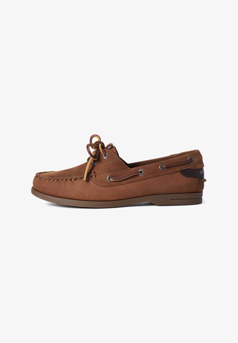 Braune Lederbootschuhe mit abgerundeter Spitze, dekorativen Schnürsenkeln, Metallösen und Gummisohle. Verfügt über gestickte Details im Obermaterial.